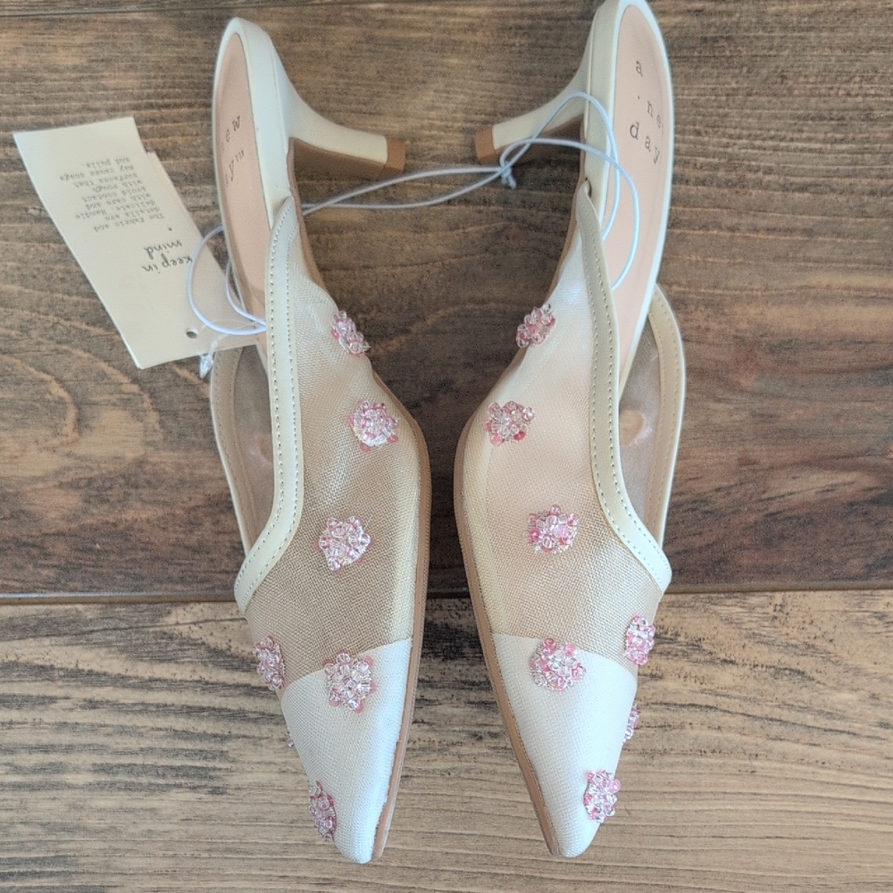a new day Beige Delilah Mesh Floral Mule Heels NWT - Picture 3 of 9